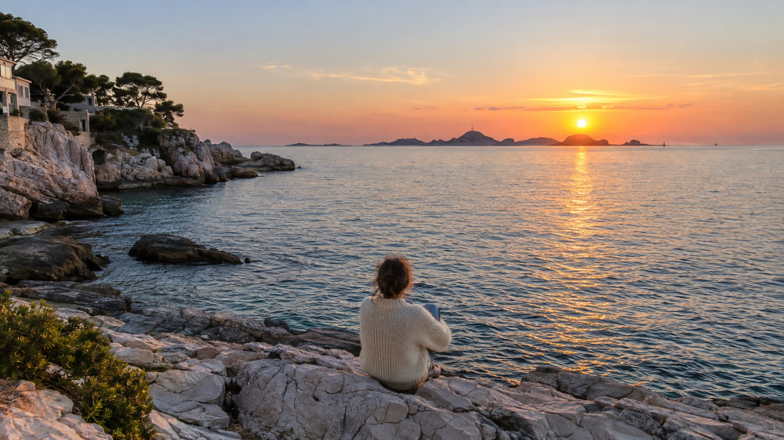 Personne seule de dos, assise face à la mer au coucher du soleil