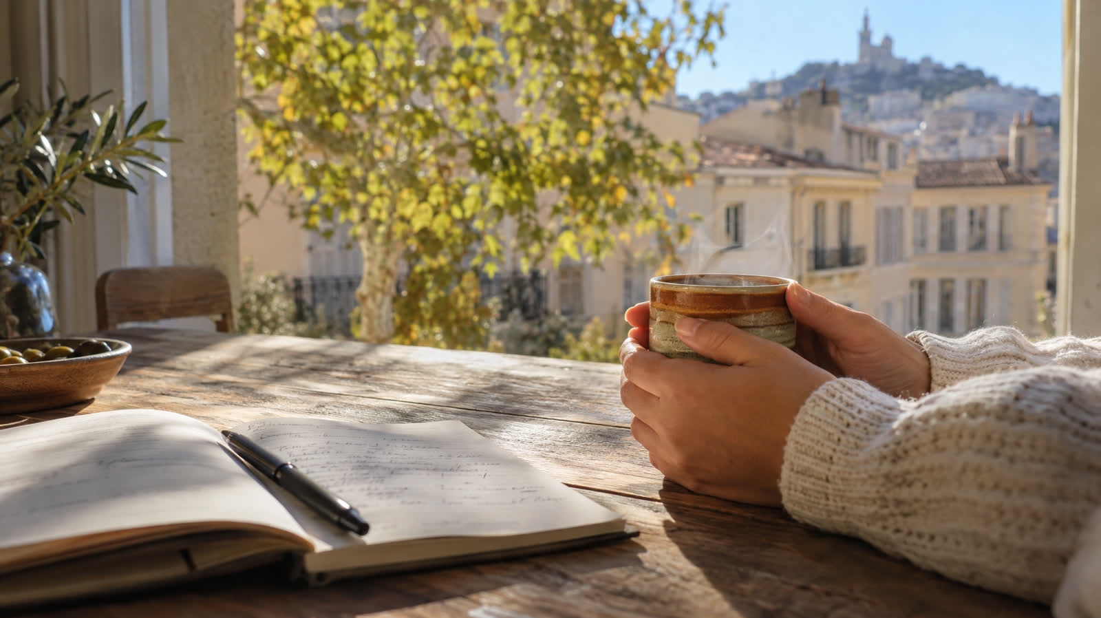 Mains autour d'une tasse sur une table en bois, lumière douce