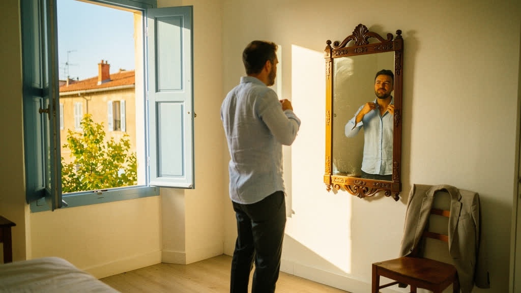 Homme devant un miroir qui ajuste sa tenue avec un léger sourire