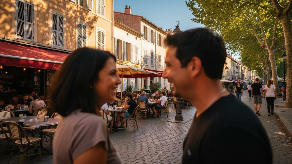 Rue méditerranéenne animée, terrasses et passants qui se croisent