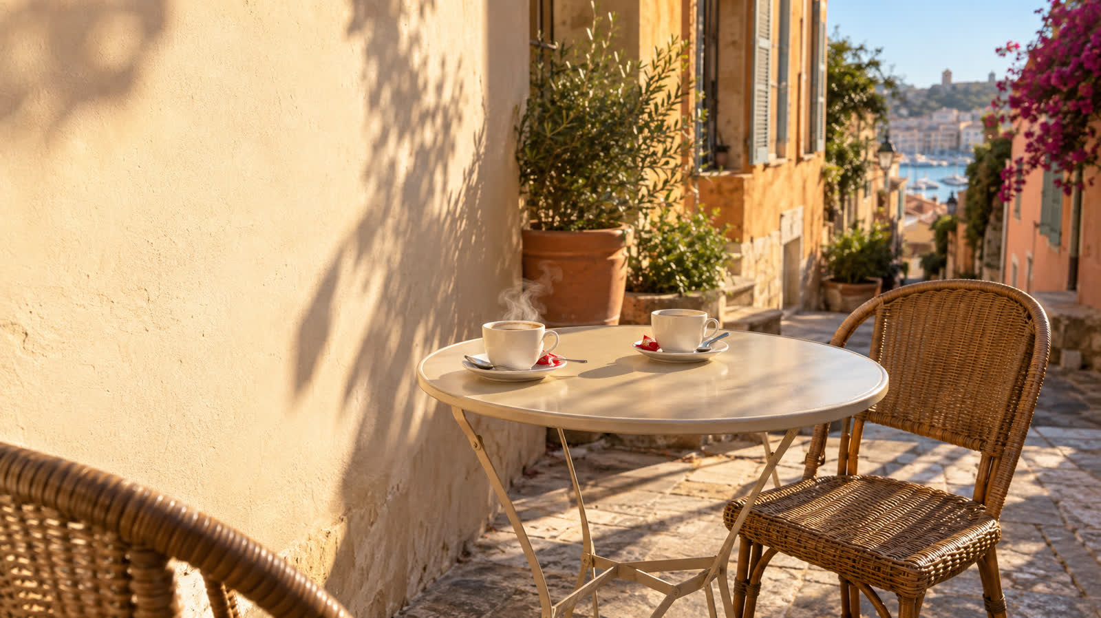 Petite table de terrasse au soleil couchant, deux tasses face à face et une chaise tirée, comme une invitation